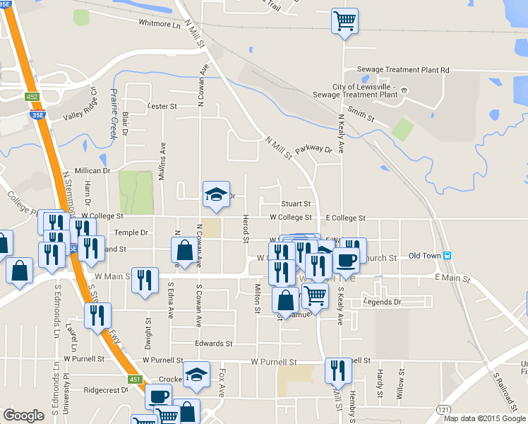 map of restaurants, bars, coffee shops, grocery stores, and more near 241 West College Street in Lewisville