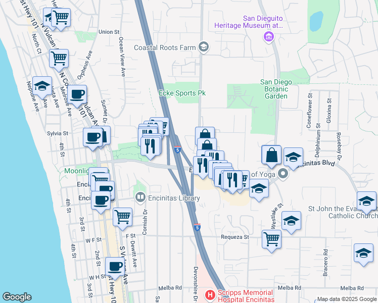 map of restaurants, bars, coffee shops, grocery stores, and more near 223 Mangano Circle in Encinitas