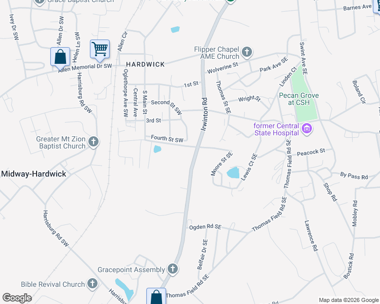map of restaurants, bars, coffee shops, grocery stores, and more near 2215 Irwinton Road in Milledgeville