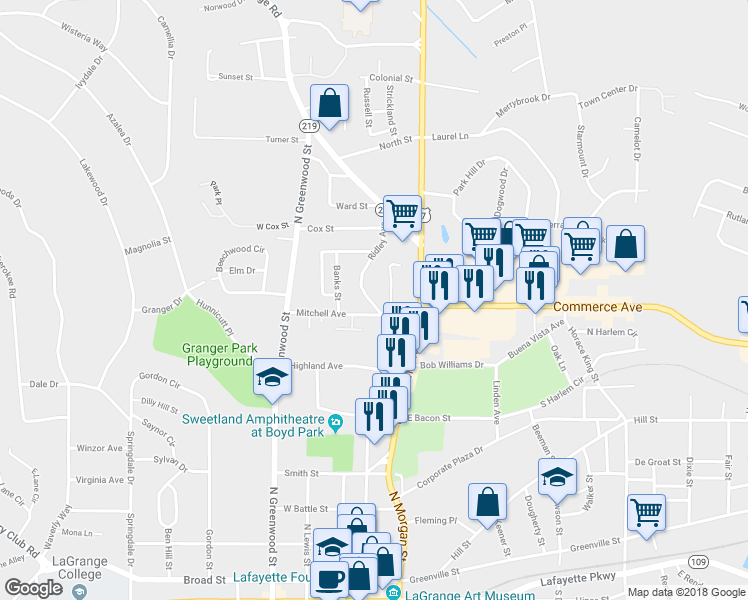 map of restaurants, bars, coffee shops, grocery stores, and more near 712 Ridley Avenue in LaGrange