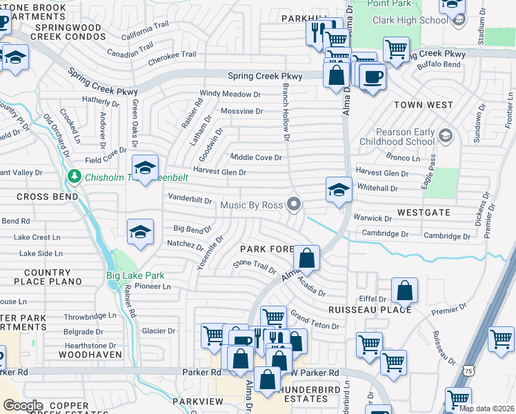 map of restaurants, bars, coffee shops, grocery stores, and more near 1200 Villa Downs Drive in Plano