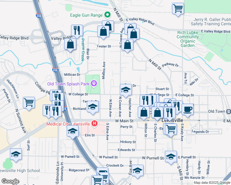 map of restaurants, bars, coffee shops, grocery stores, and more near 411 West College Street in Lewisville