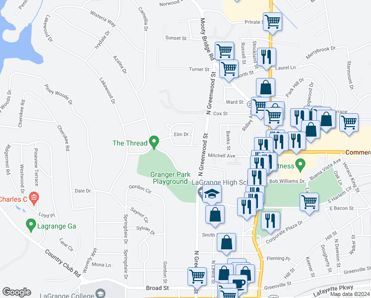 map of restaurants, bars, coffee shops, grocery stores, and more near 203 Beechwood Circle in LaGrange