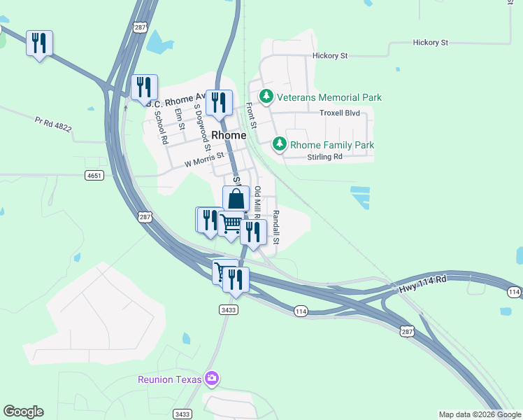map of restaurants, bars, coffee shops, grocery stores, and more near 495 Old Mill Road in Rhome