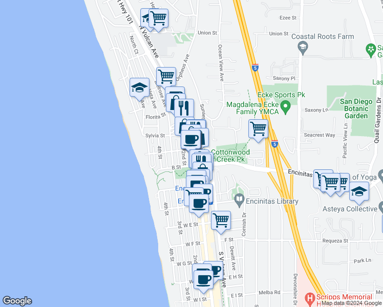 map of restaurants, bars, coffee shops, grocery stores, and more near 90 North Coast Highway 101 in Encinitas