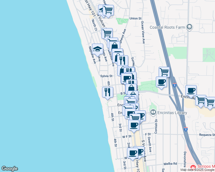 map of restaurants, bars, coffee shops, grocery stores, and more near 201 4th Street in Encinitas