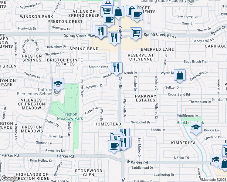 map of restaurants, bars, coffee shops, grocery stores, and more near 3808 Jamilia Court in Plano