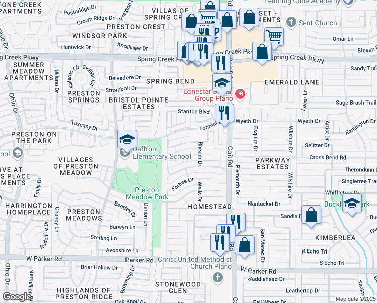 map of restaurants, bars, coffee shops, grocery stores, and more near 4213 Mcalice Drive in Plano