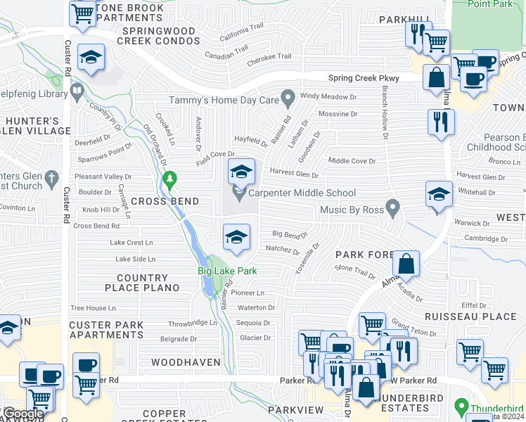 map of restaurants, bars, coffee shops, grocery stores, and more near 1447 Cross Bend Road in Plano