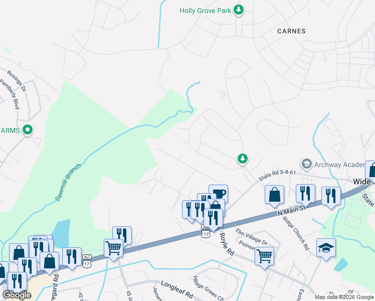 map of restaurants, bars, coffee shops, grocery stores, and more near 161 Clydesdale Circle in Summerville