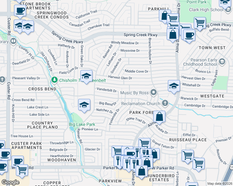map of restaurants, bars, coffee shops, grocery stores, and more near 1400 Vanderbilt Drive in Plano