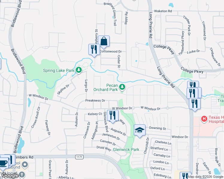 map of restaurants, bars, coffee shops, grocery stores, and more near 4709 Plum Street in Flower Mound