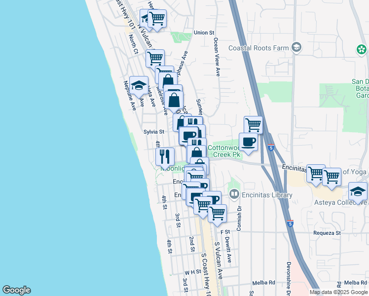 map of restaurants, bars, coffee shops, grocery stores, and more near 215 2nd Street in Encinitas