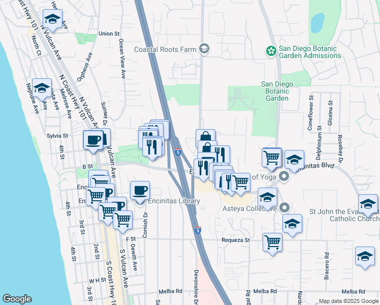 map of restaurants, bars, coffee shops, grocery stores, and more near 219 Mangano Circle in Encinitas
