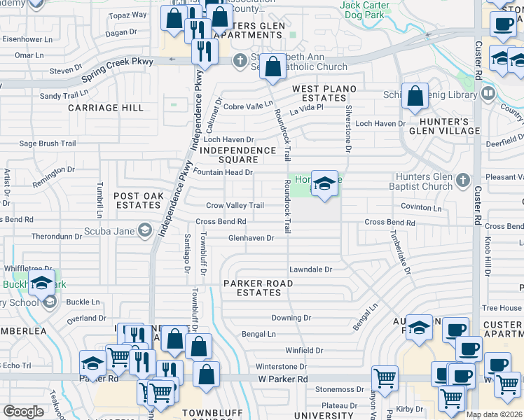 map of restaurants, bars, coffee shops, grocery stores, and more near 2724 Crow Valley Trail in Plano
