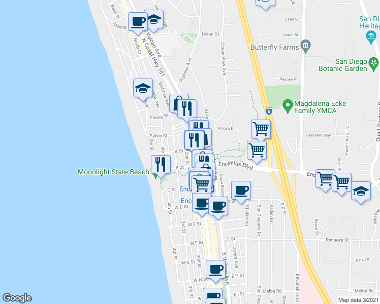 map of restaurants, bars, coffee shops, grocery stores, and more near 216 2nd Street in Encinitas