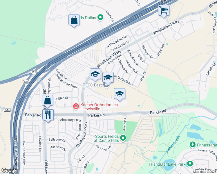 map of restaurants, bars, coffee shops, grocery stores, and more near 2553 Farm to Market Road 544 in Lewisville