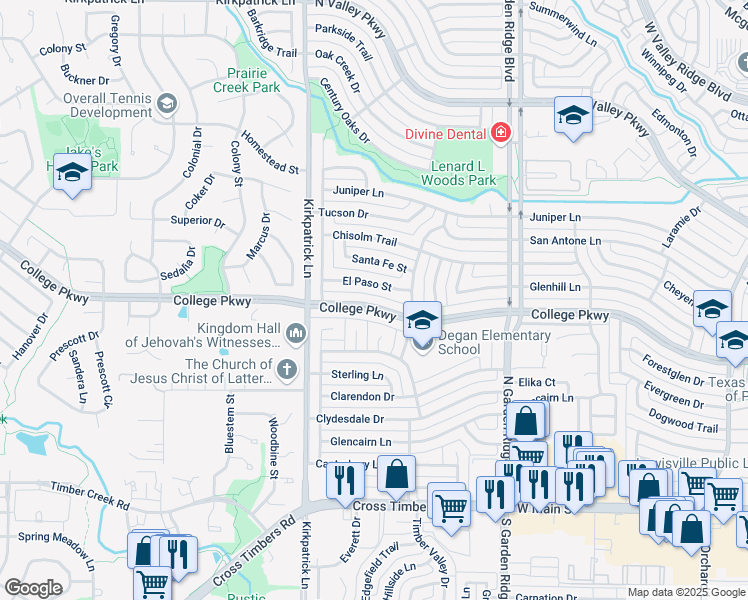 map of restaurants, bars, coffee shops, grocery stores, and more near 1813 College Parkway in Lewisville