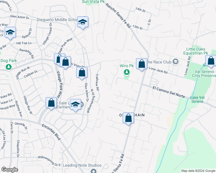 map of restaurants, bars, coffee shops, grocery stores, and more near 2217 Running Spring Place in Encinitas