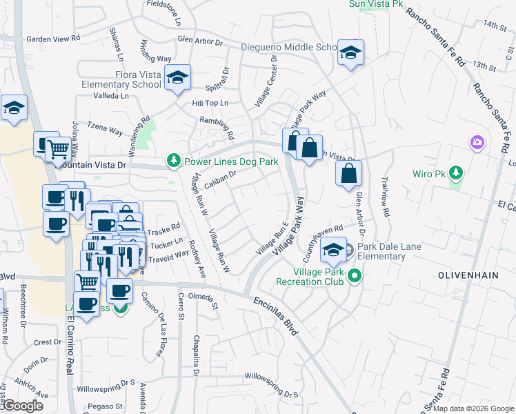 map of restaurants, bars, coffee shops, grocery stores, and more near 1769 Red Barn Road in Encinitas