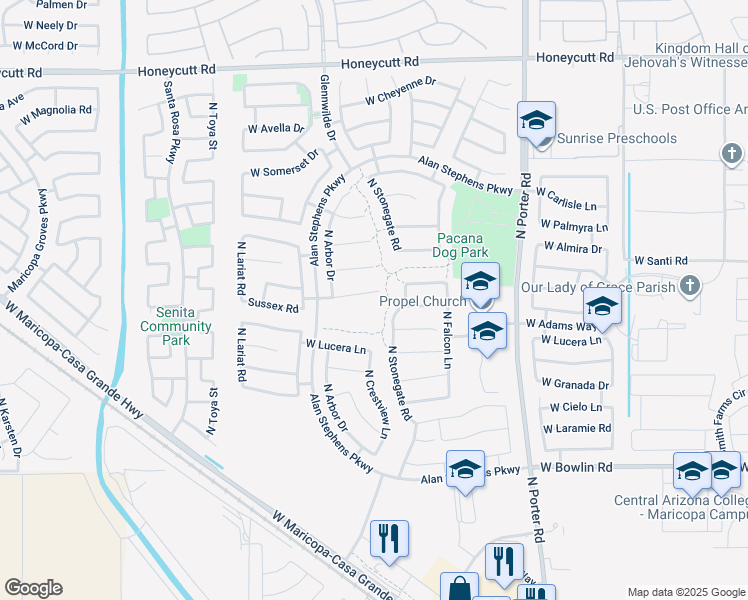 map of restaurants, bars, coffee shops, grocery stores, and more near 42097 West Arvada Court in Maricopa