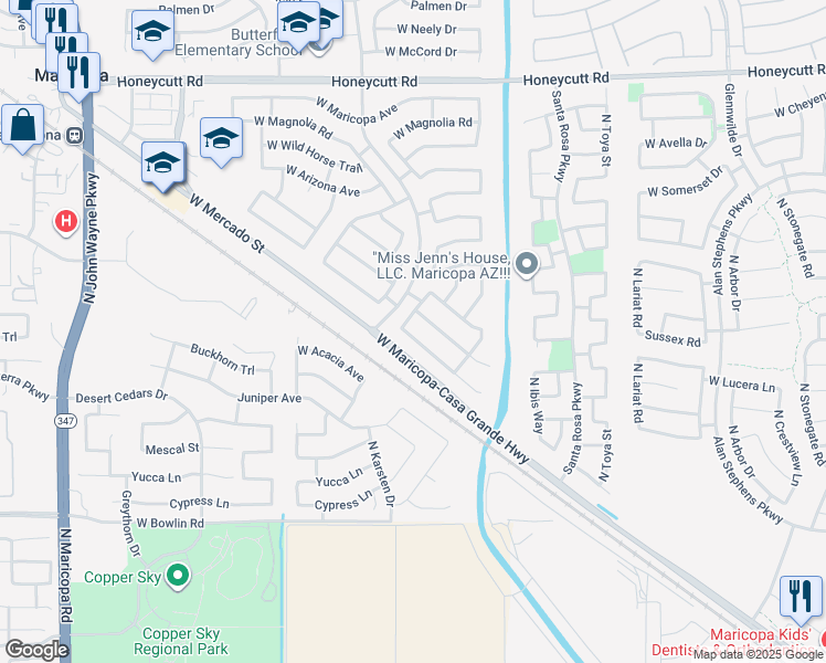 map of restaurants, bars, coffee shops, grocery stores, and more near 43434 West Cowpath Road in Maricopa