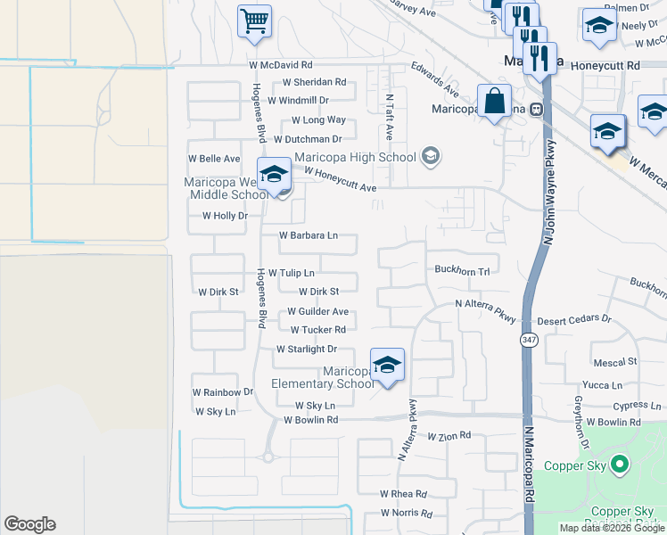 map of restaurants, bars, coffee shops, grocery stores, and more near 45583 Tulip Lane in Maricopa