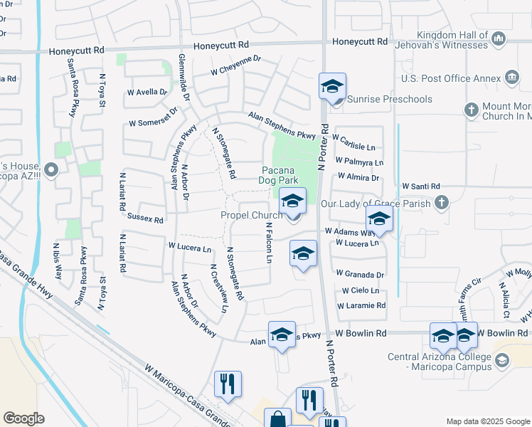 map of restaurants, bars, coffee shops, grocery stores, and more near 41818 West Sussex Drive in Maricopa