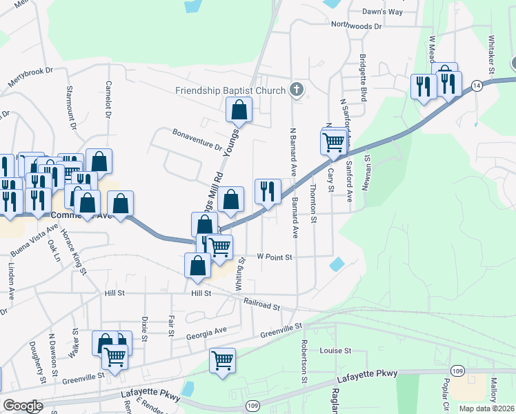map of restaurants, bars, coffee shops, grocery stores, and more near 1027 Hogansville Road in LaGrange