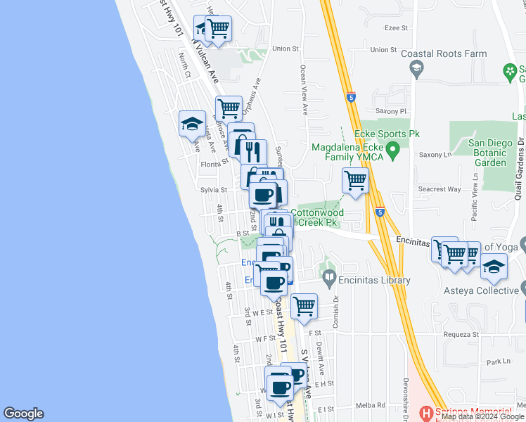 map of restaurants, bars, coffee shops, grocery stores, and more near 315-101 North Coast Highway 101 in Encinitas