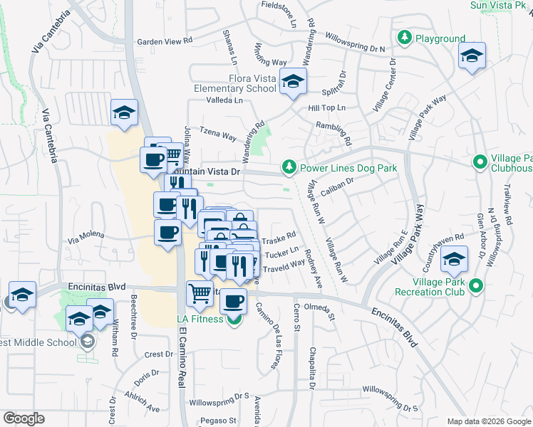 map of restaurants, bars, coffee shops, grocery stores, and more near 1517 Shields Avenue in Encinitas