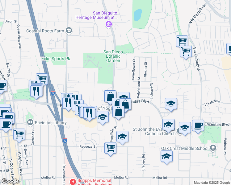 map of restaurants, bars, coffee shops, grocery stores, and more near 185 Quail Gardens Drive in Encinitas