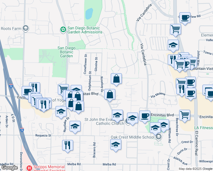 map of restaurants, bars, coffee shops, grocery stores, and more near 139 Rosebay Drive in Encinitas