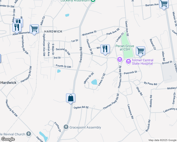 map of restaurants, bars, coffee shops, grocery stores, and more near 127 Moore Street Southeast in Milledgeville