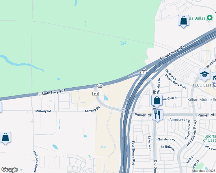 map of restaurants, bars, coffee shops, grocery stores, and more near Highway 121 Business in Lewisville