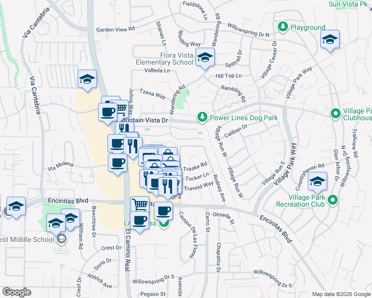 map of restaurants, bars, coffee shops, grocery stores, and more near 1517 Shields Avenue in Encinitas