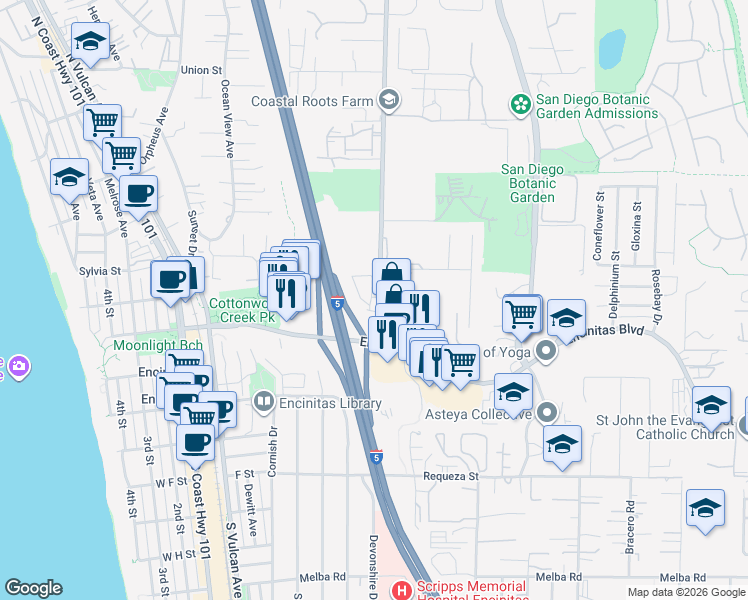 map of restaurants, bars, coffee shops, grocery stores, and more near 287 Mangano Circle in Encinitas