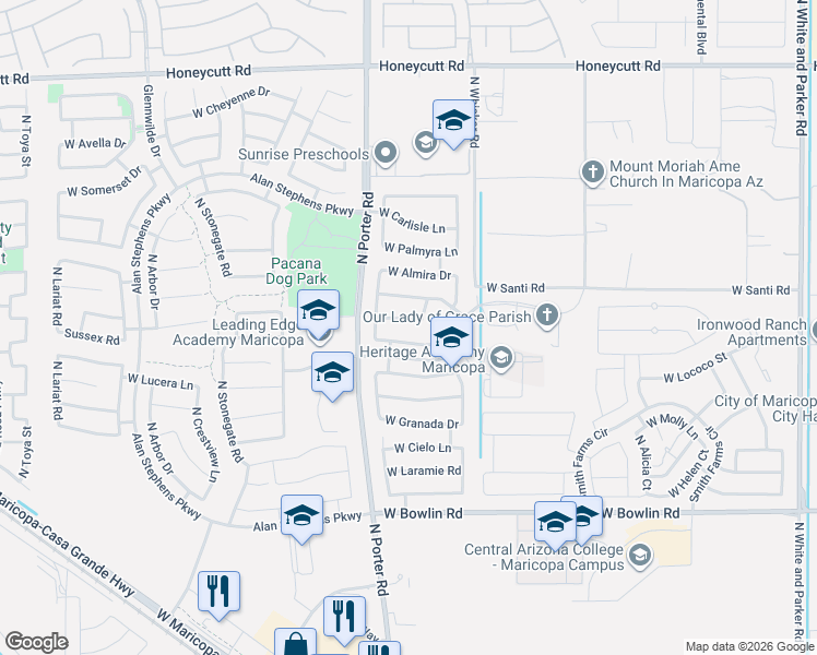 map of restaurants, bars, coffee shops, grocery stores, and more near 41410 West Sussex Drive in Maricopa