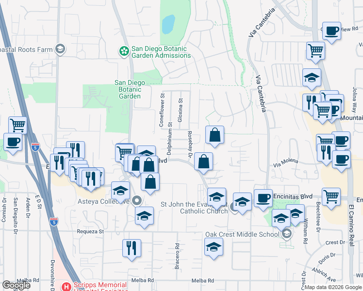 map of restaurants, bars, coffee shops, grocery stores, and more near 751 Teaberry Street in Encinitas
