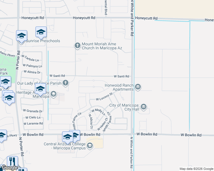 map of restaurants, bars, coffee shops, grocery stores, and more near 40292 West Dennis Lane in Maricopa