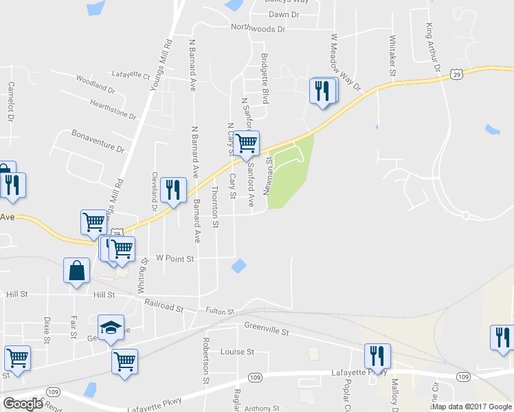 map of restaurants, bars, coffee shops, grocery stores, and more near 4 Sanford Avenue in LaGrange