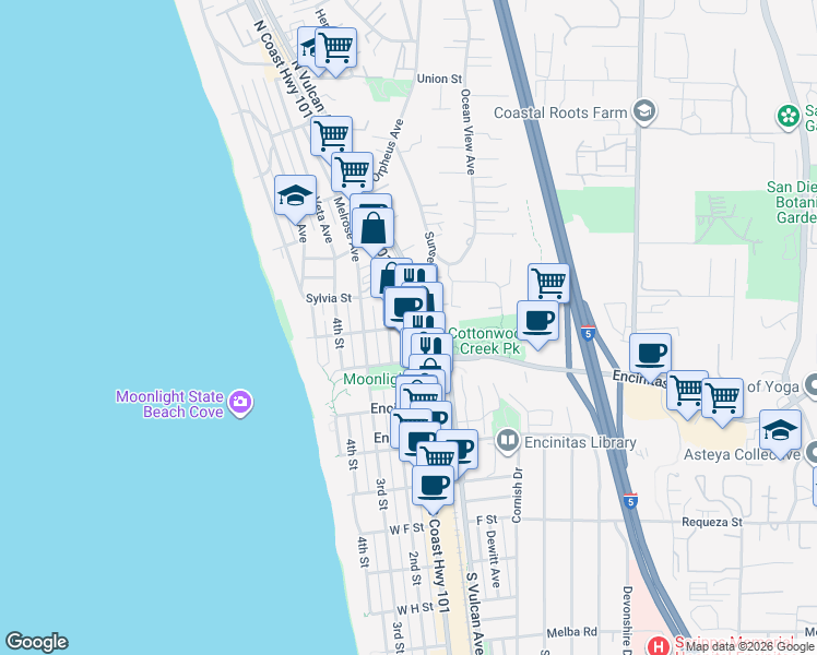 map of restaurants, bars, coffee shops, grocery stores, and more near A Street in Encinitas