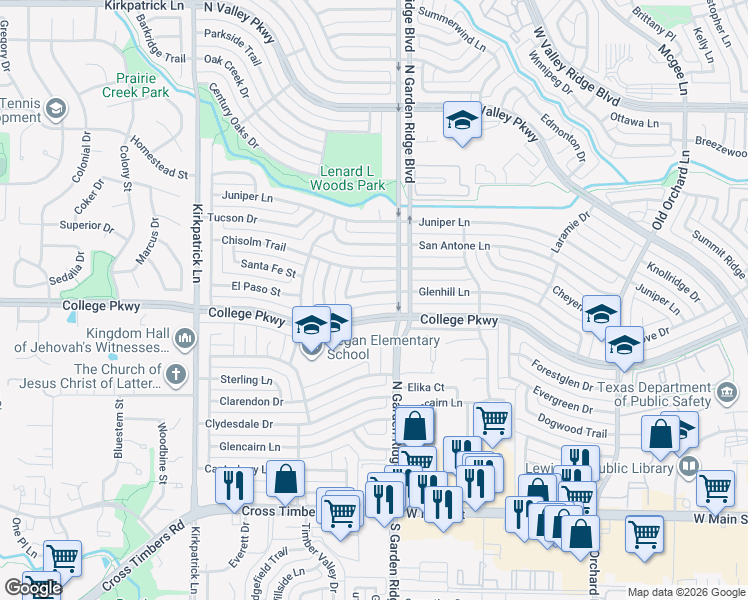 map of restaurants, bars, coffee shops, grocery stores, and more near 1626 Glenhill Lane in Lewisville