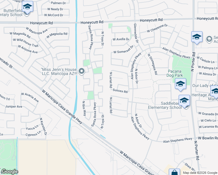 map of restaurants, bars, coffee shops, grocery stores, and more near 18714 North Lariat Road in Maricopa