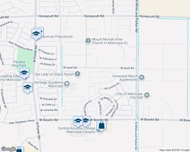 map of restaurants, bars, coffee shops, grocery stores, and more near 40547 West Dennis Lane in Maricopa