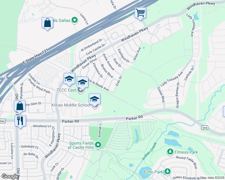 map of restaurants, bars, coffee shops, grocery stores, and more near 2505 Erec Drive in Lewisville