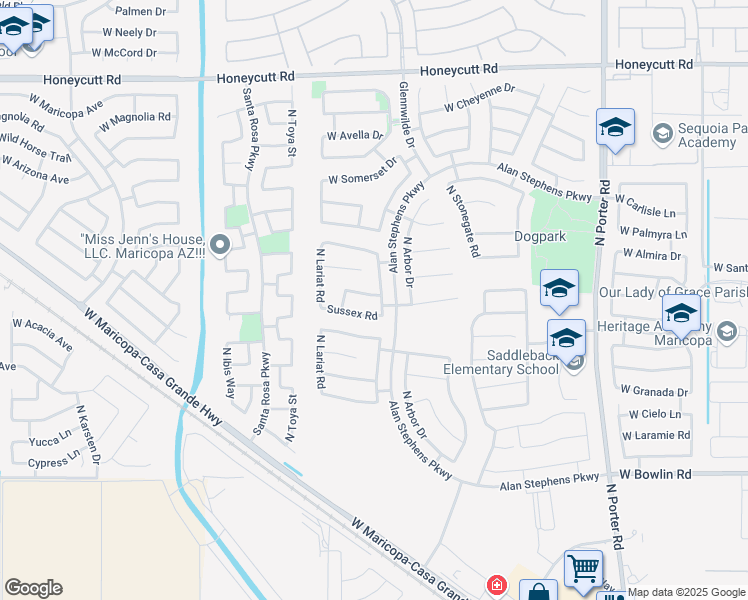 map of restaurants, bars, coffee shops, grocery stores, and more near 42411 West Arvada Lane in Maricopa