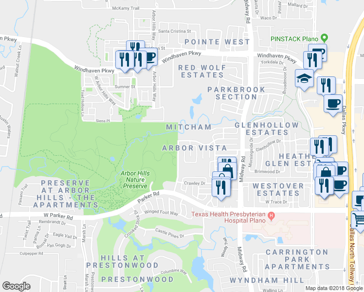 map of restaurants, bars, coffee shops, grocery stores, and more near 3904 Arbor Vista Drive in Plano