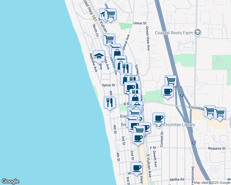 map of restaurants, bars, coffee shops, grocery stores, and more near 201 4th Street in Encinitas