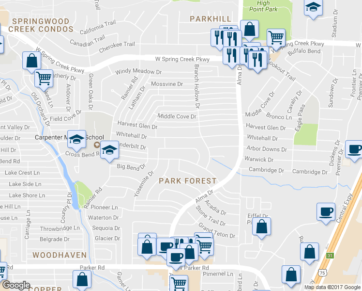 map of restaurants, bars, coffee shops, grocery stores, and more near 1109 Villa Downs Drive in Plano